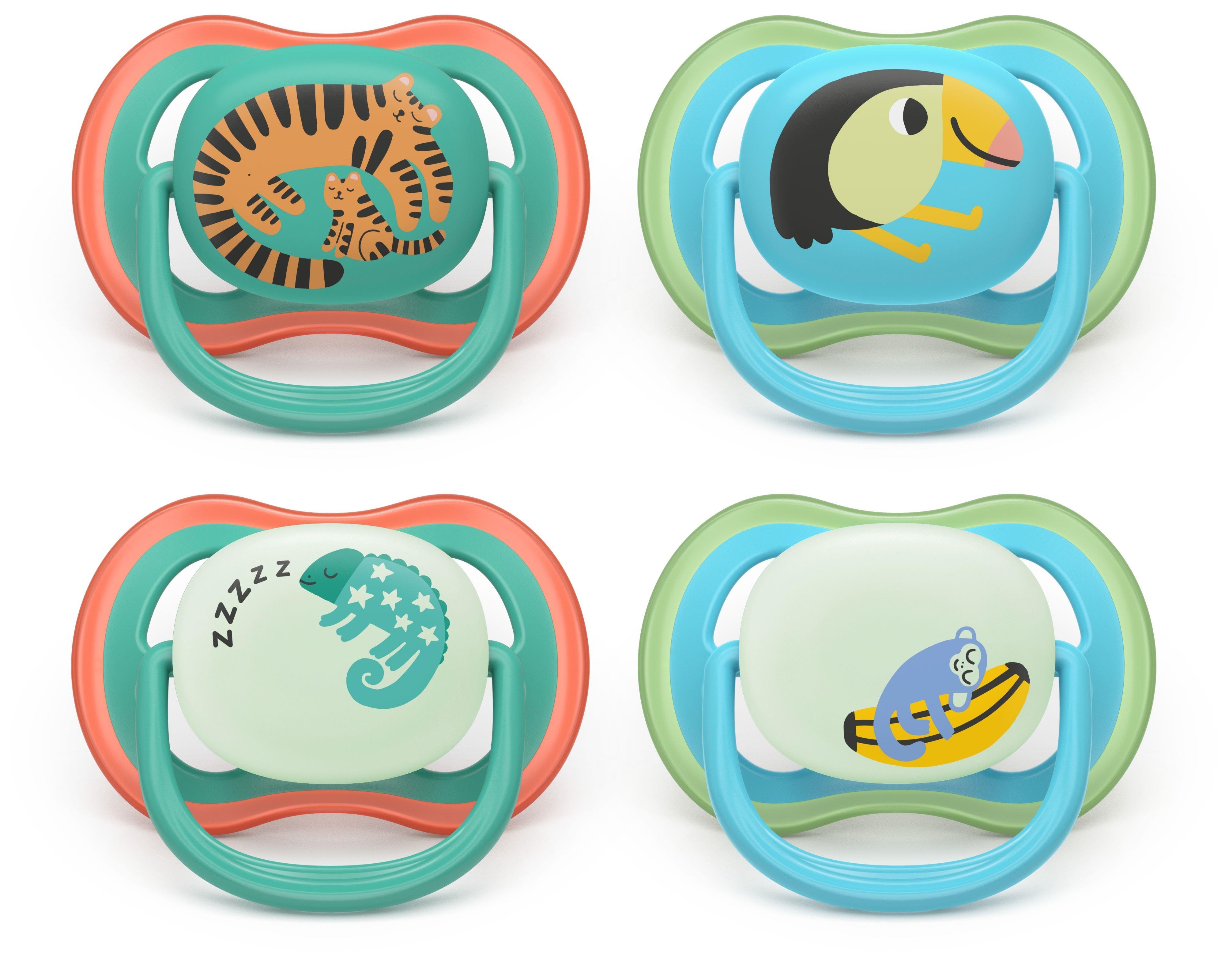 Philips Avent Pacifier Ultra Air Nighttime 4 Pack 6-18 Mdr. Dyremotiver - Babypflege Scf087/27