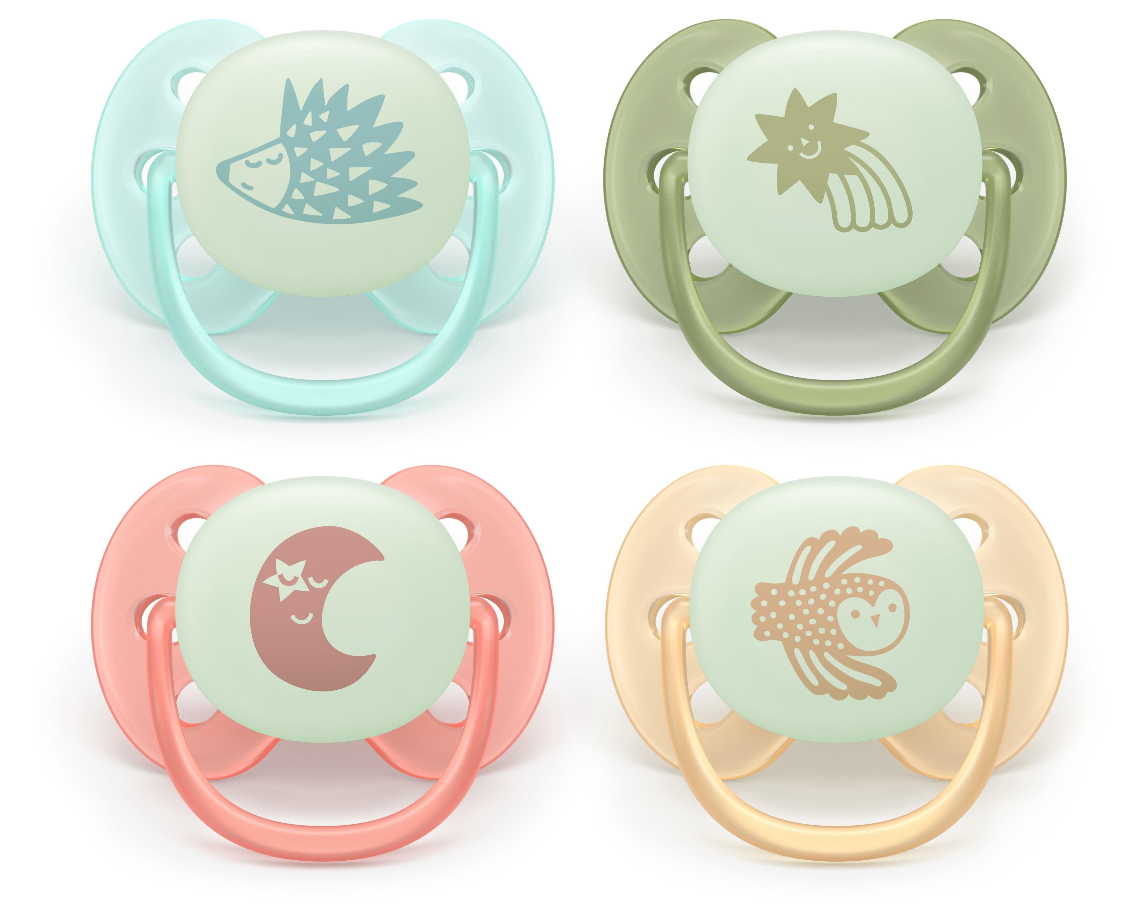 Philips Avent Pacifier Ultra Soft Nighttime 4 Pack 0-6 Mdr. Blå/grøn/gul/rød - Babypflege Scf094/07