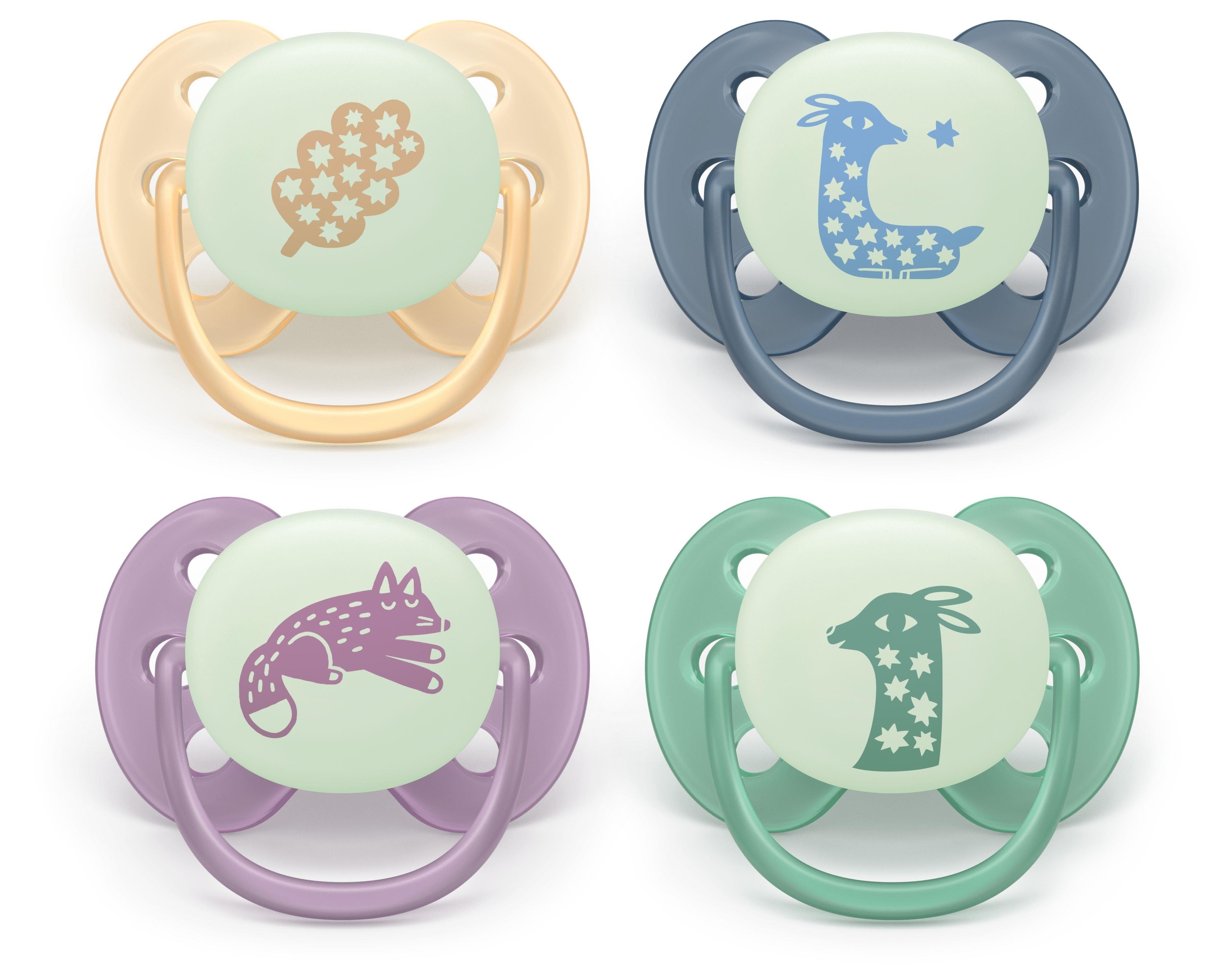 Philips Avent Pacifier Ultra Soft Nighttime 4 Pack 6-18 Mdr. Gul/grå/pink/grøn - Babypflege