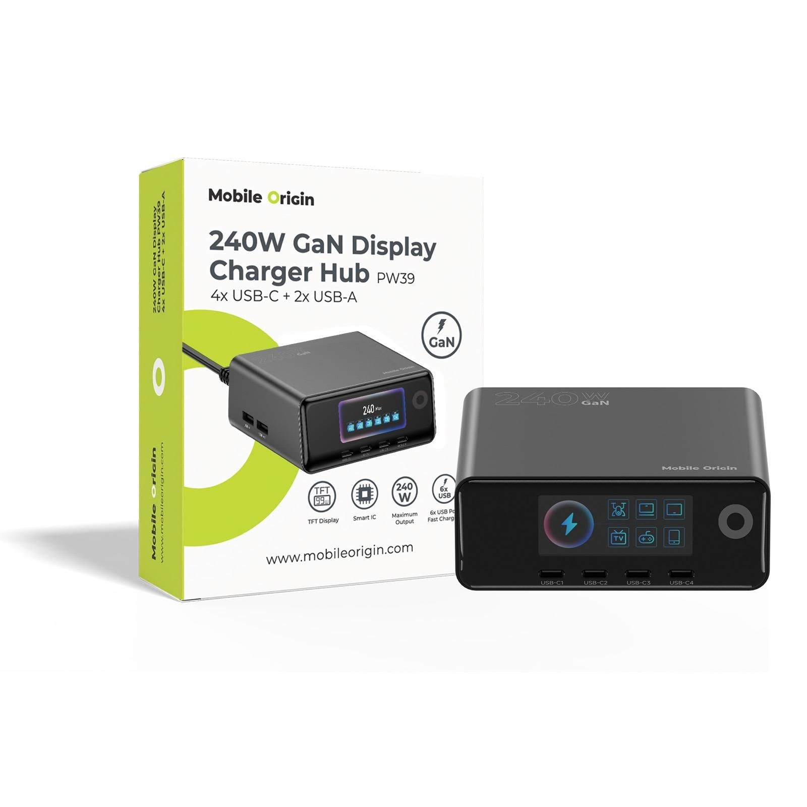 Mobile Origin 240w Gan Display Charger Hub Pw39 - 4x Usb-c + 2x Usb-a - Handys Adapter Und Ladegeraete Mo-240wdch-pw39