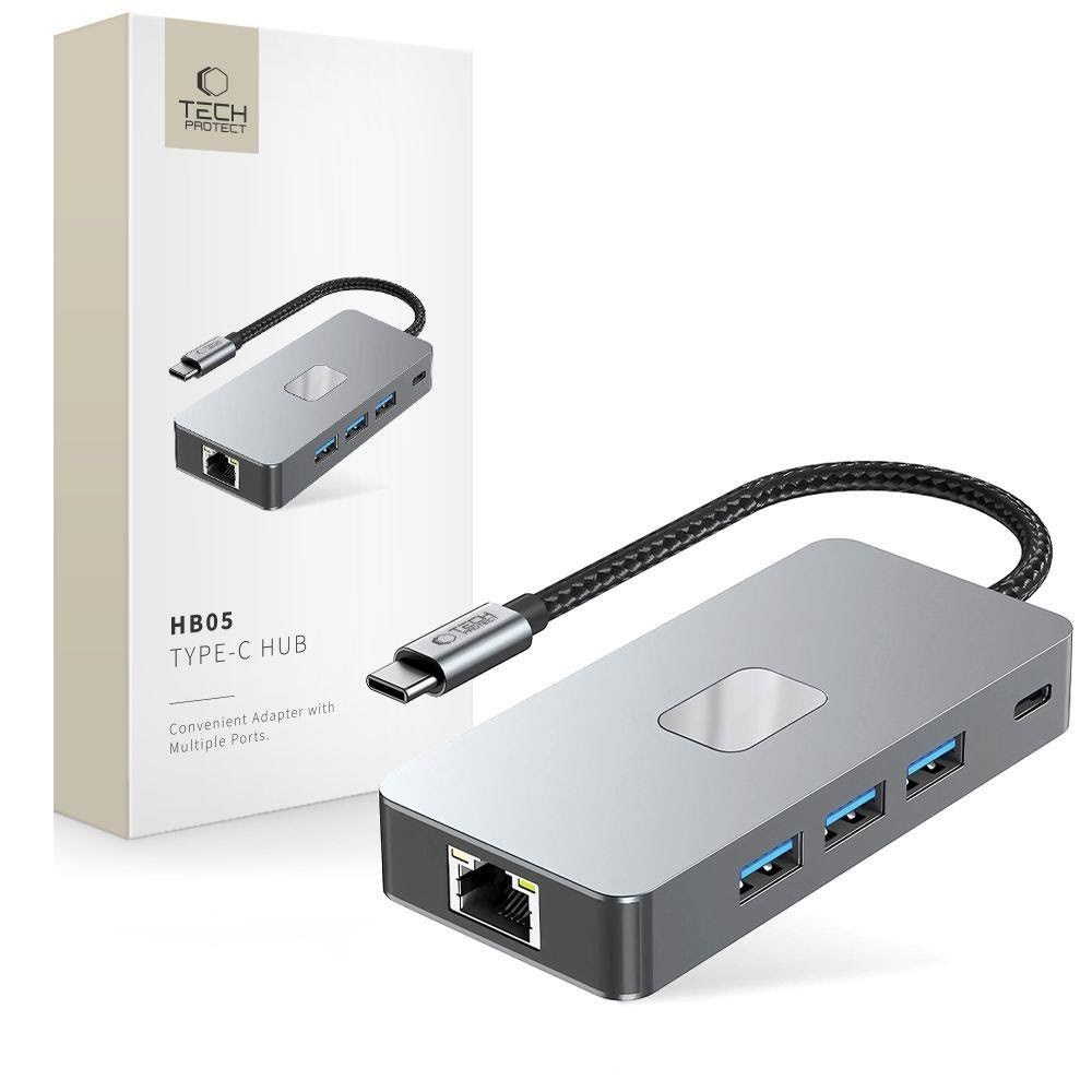 Tech-protect Hb05 Hub 9in1 Usb-c + Usb2.0 + Usb3.0 + Hdmi 4K 60hz + SD / TF + Pd100w + Rj45 - Grey Usb-hubs - Usb 3.0 - 9 - Grau - Usb Hubs 