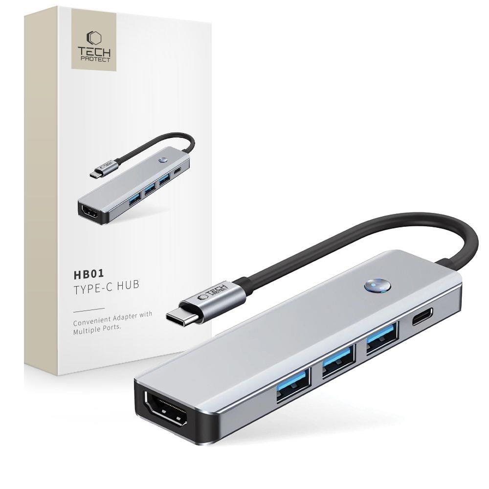 Tech-protect Hb01 Hub Adapter 5in1 Usb-c + Usb3.0 + Hdmi 4K 60hz + Pd100w - Grey Usb-hubs - Usb 3.0 - 5 - Grau - Usb Hubs