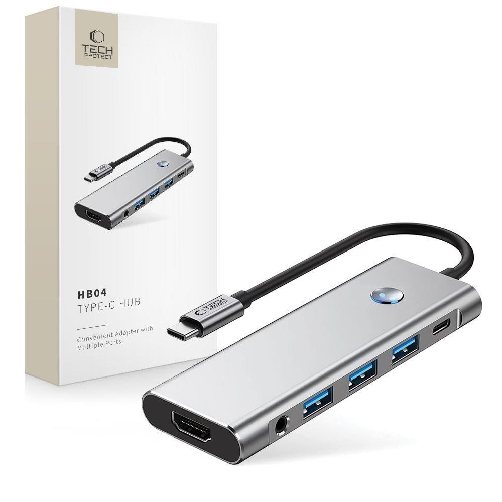 Tech-protect Hb04 Hub Adapter 9in1 Usb-c + Usb2.0 + Usb3.0 + Hdmi 4K 60hz + SD / TF + Pd100w + Av3.5 - Grey Usb-hubs - Usb 3.0 - 5 - Grau - Usb Hubs 