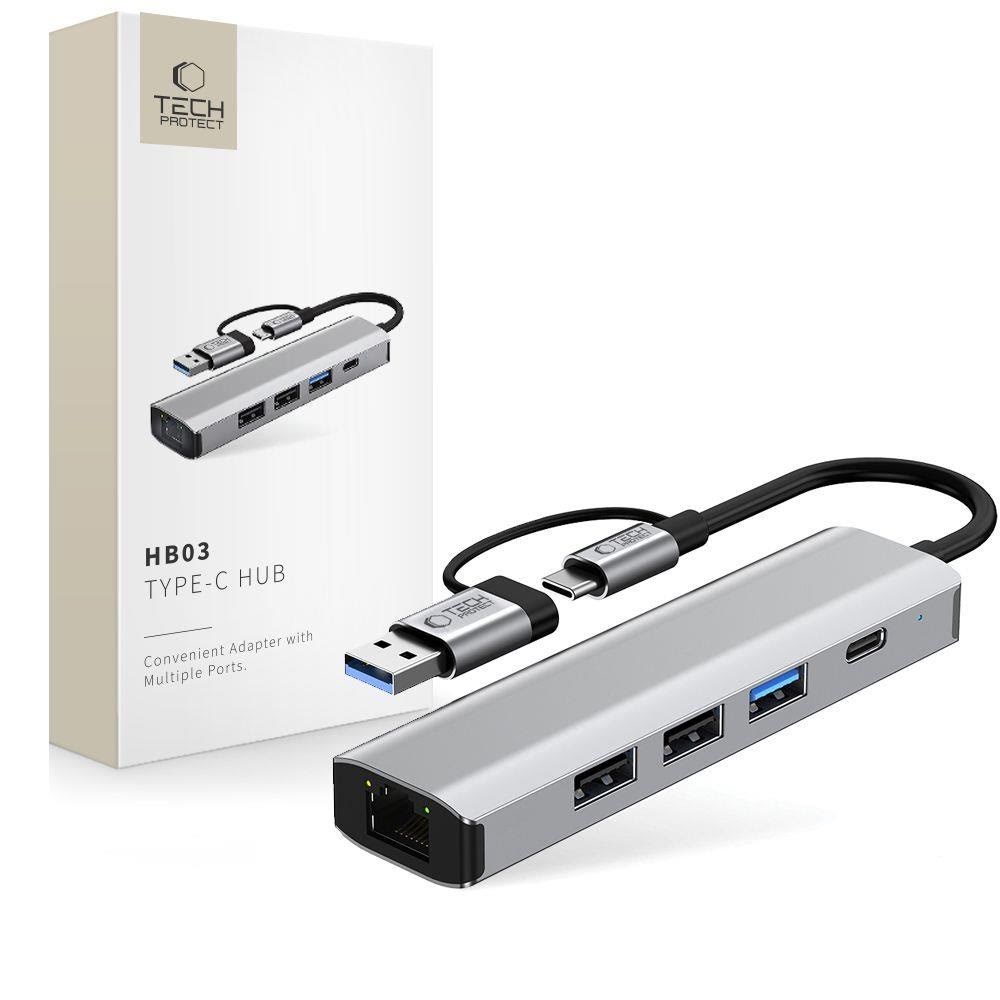 Tech-protect Hb03 Hub Adapter 5in1 Usb-c + Usb2.0 + Usb3.0 + Rj45 - Grey Usb-hubs - Usb 3.0 - 5 - Grau - Usb Hubs