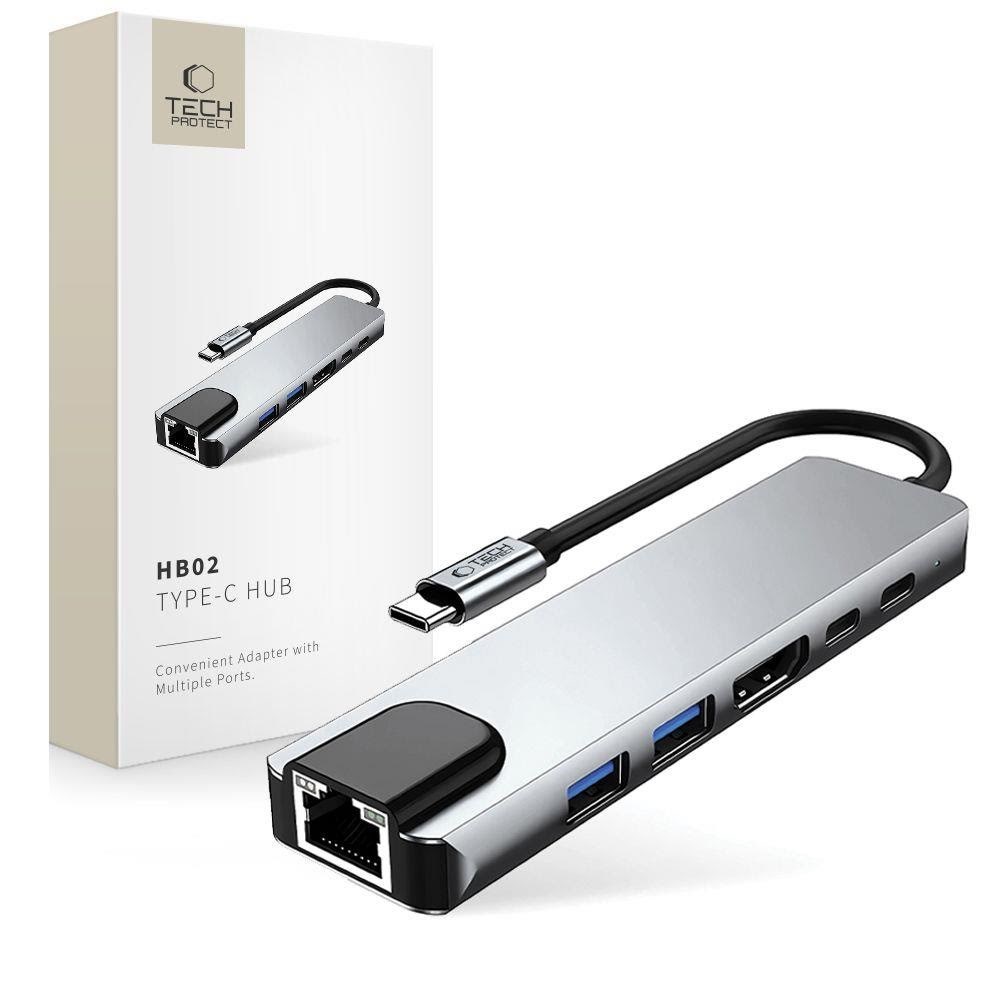 Tech-protect Hb02 Hub Adapter 6in1 Usb-c + Usb2.0 + Usb3.0 + Hdmi 4K 30hz + Rj45 + Pd100w - Grey Usb-hubs - Usb 3.0 - 6 - Grau - Usb Hubs 