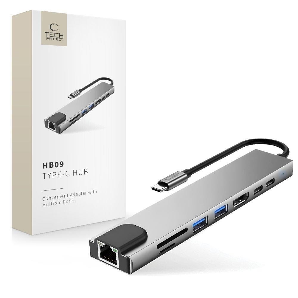 Tech-protect Usb Hub Hb09 8in1 Type-c + Usb-a 3.0 + Usb-c 3.0 + Hdmi 4K 60hz + Sd/tf + Pd100w + Rj45 1000 Mb/s - Grey Usb-hubs - Usb 3.0 - 8 