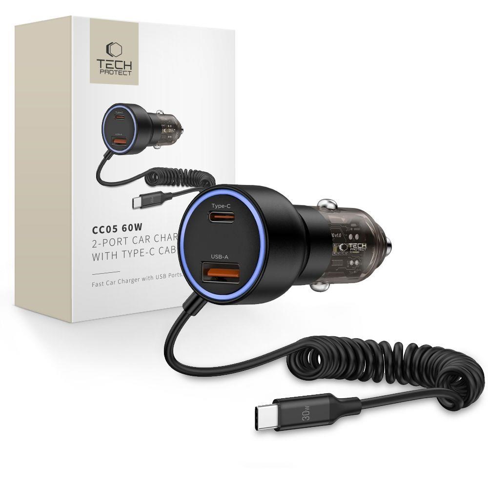 Tech-protect Cc05 Car Charger 2-ports Pd60w + Usb-c Cable - Black - Handys Adapter Und Ladegeraete 5906302361717