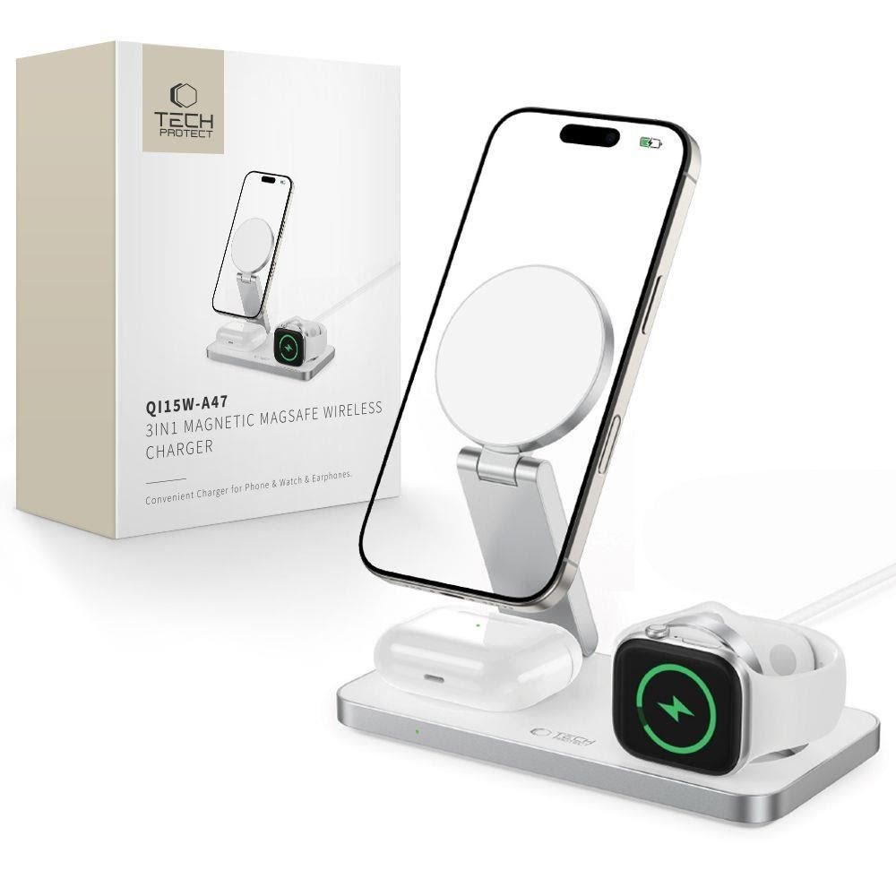 Tech-protect Qi15w-a47 Magsafe 3in1 Inductive Charger + Usb-c Cable - White - Handys Adapter Und Ladegeraete