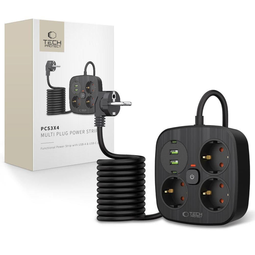 Tech-protect Pcs3x4 Power Strip 3 AC Outlets 2xusb-a 2xusb-c 200 cm - Black - Handys Adapter Und Ladegeraete