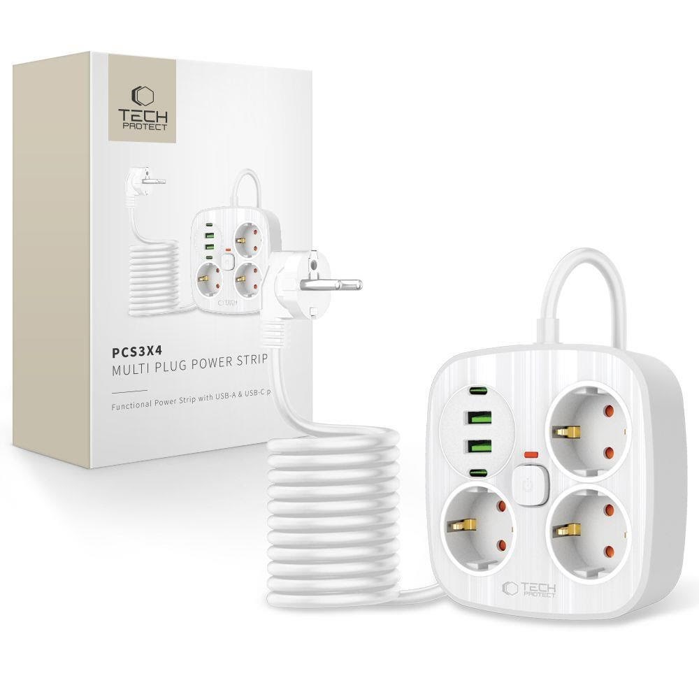 Tech-protect Pcs3x4 Power Strip 3 AC Outlets 2xusb-a 2xusb-c 200 cm - White - Handys Adapter Und Ladegeraete 5906302363421