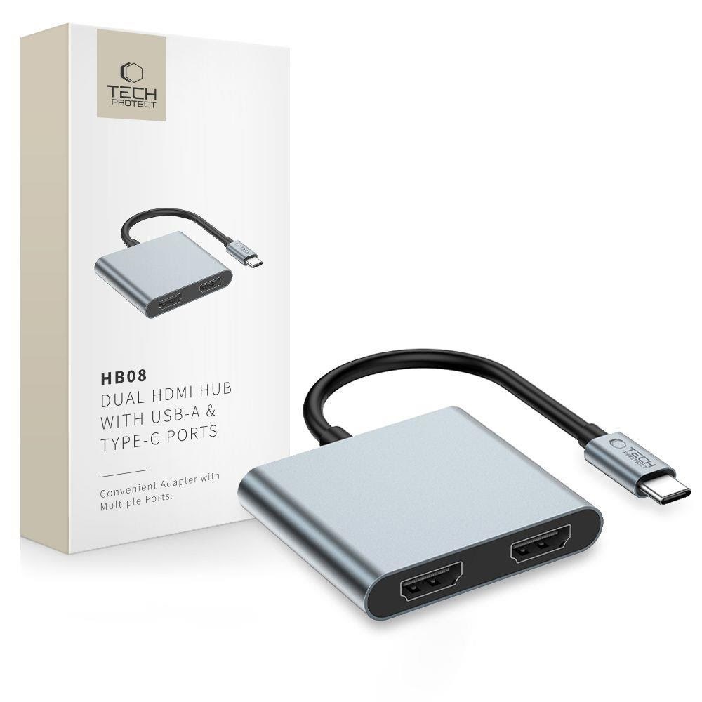 Tech-protect Hb08 4-in-1 Usb-c + Usb2.0 + 2 x Hdmi 4K 60hz Adapter - Grey Usb-hubs - Usb 2.0 - 2 - Grau - Usb Hubs 5906302368624