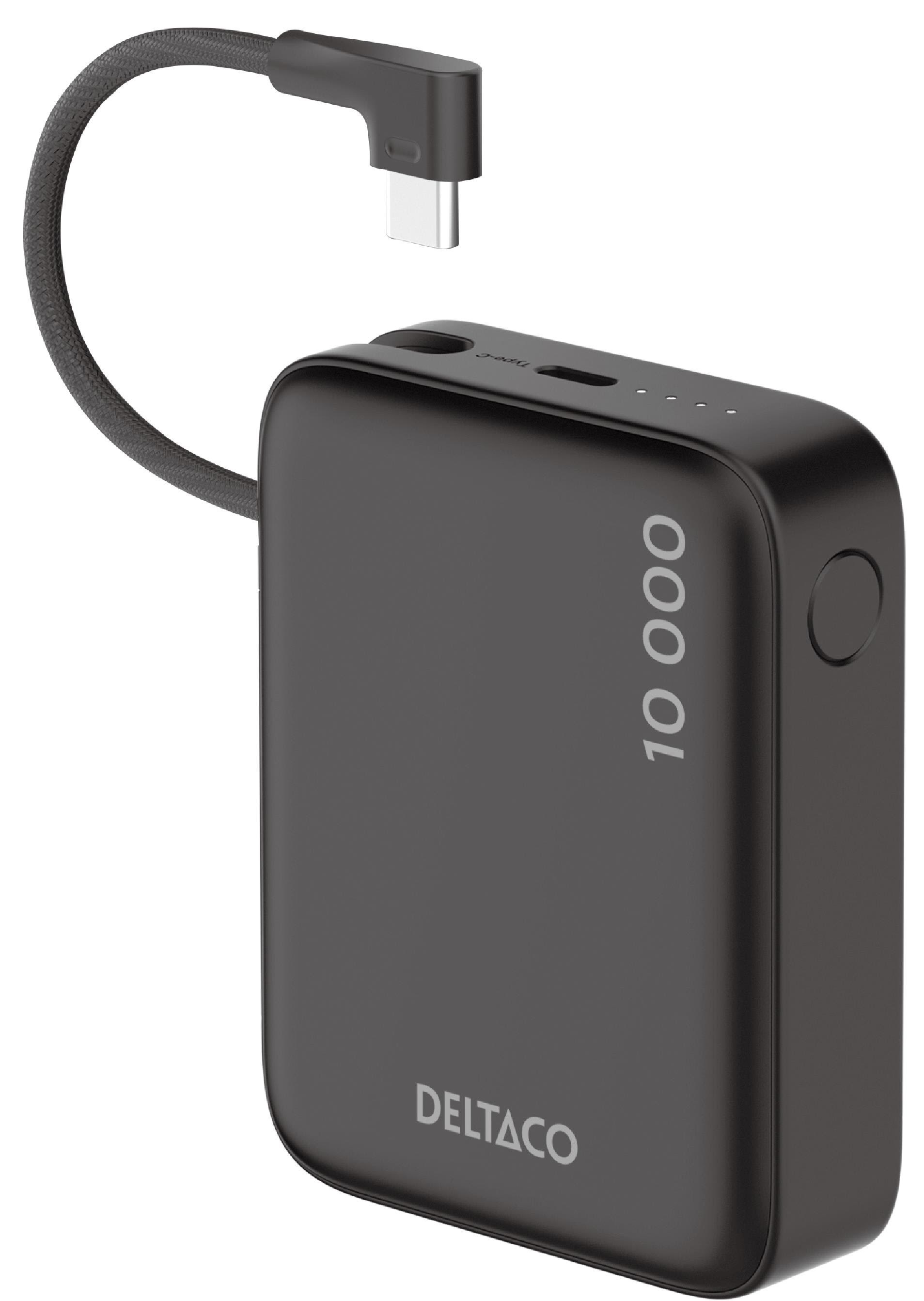 Deltaco Pb-cc101 Powerbank | Built-in Fabric Usb-c Cable 20w + 1x Usb-c Port | Black - 10000 Mah - Powerbank Akku