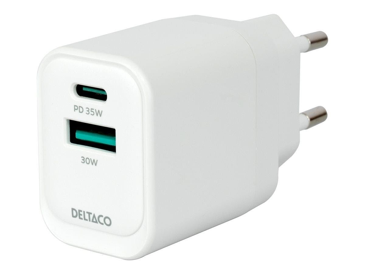 Deltaco Usb Gan Wall Charger PD 35w | 1x Usb-a | 1x Usb-c | Pps + Samsung Sfc 25w | White - Handys Adapter Und Ladegeraete Usbc-ac159