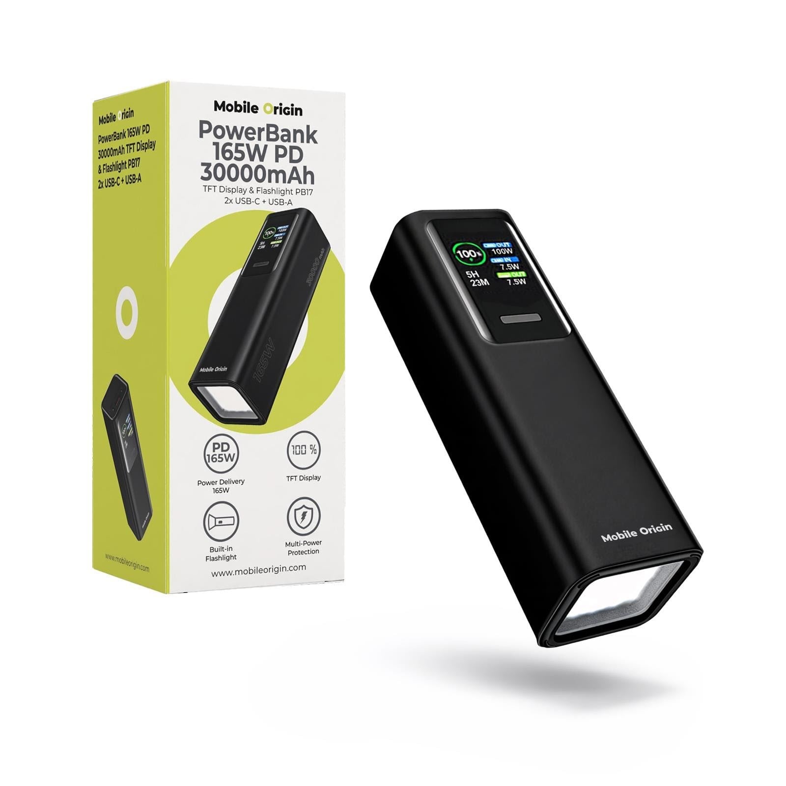Mobile Origin Pb17 Powerbank | Tft Display & Flashlight | 2x Usb-c + 1x Usb-a | 30000 Mah - 30000 Mah - Powerbank Akku Schwarz Mo-30df-pb17