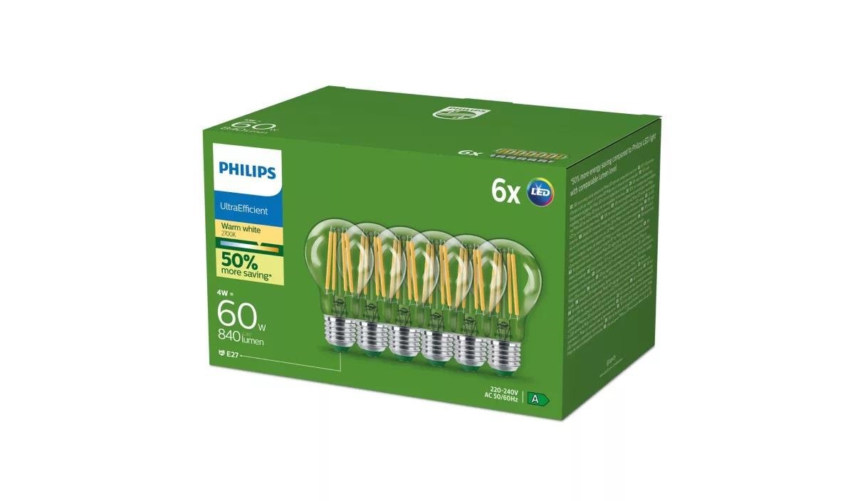 Philips Led-lampe Ultra Efficient A60 4w/827 (60w) Clear 6-pack E27 - Led Birnen 929003623594