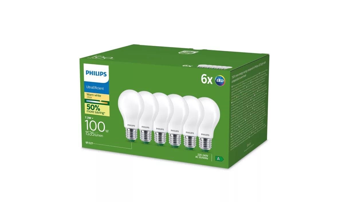 Philips Led-lampe Ultra Efficient A60 7.3w/827 (100w) Frosted 6-pack E27 - Led Birnen