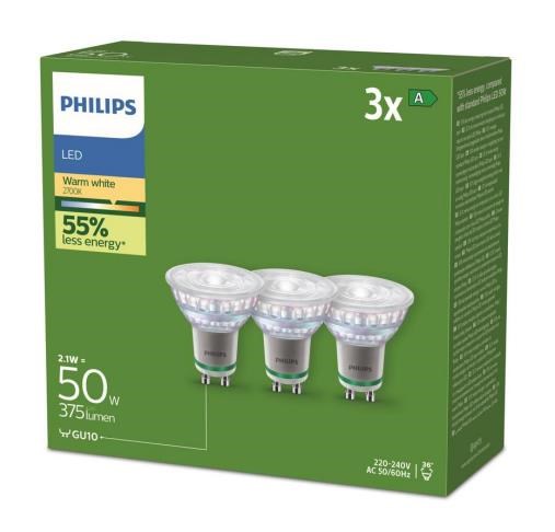 Philips Led-lampe Ultra Efficient 2,1w/827 (50w) 36° 3-pack Gu10 - Led Birnen