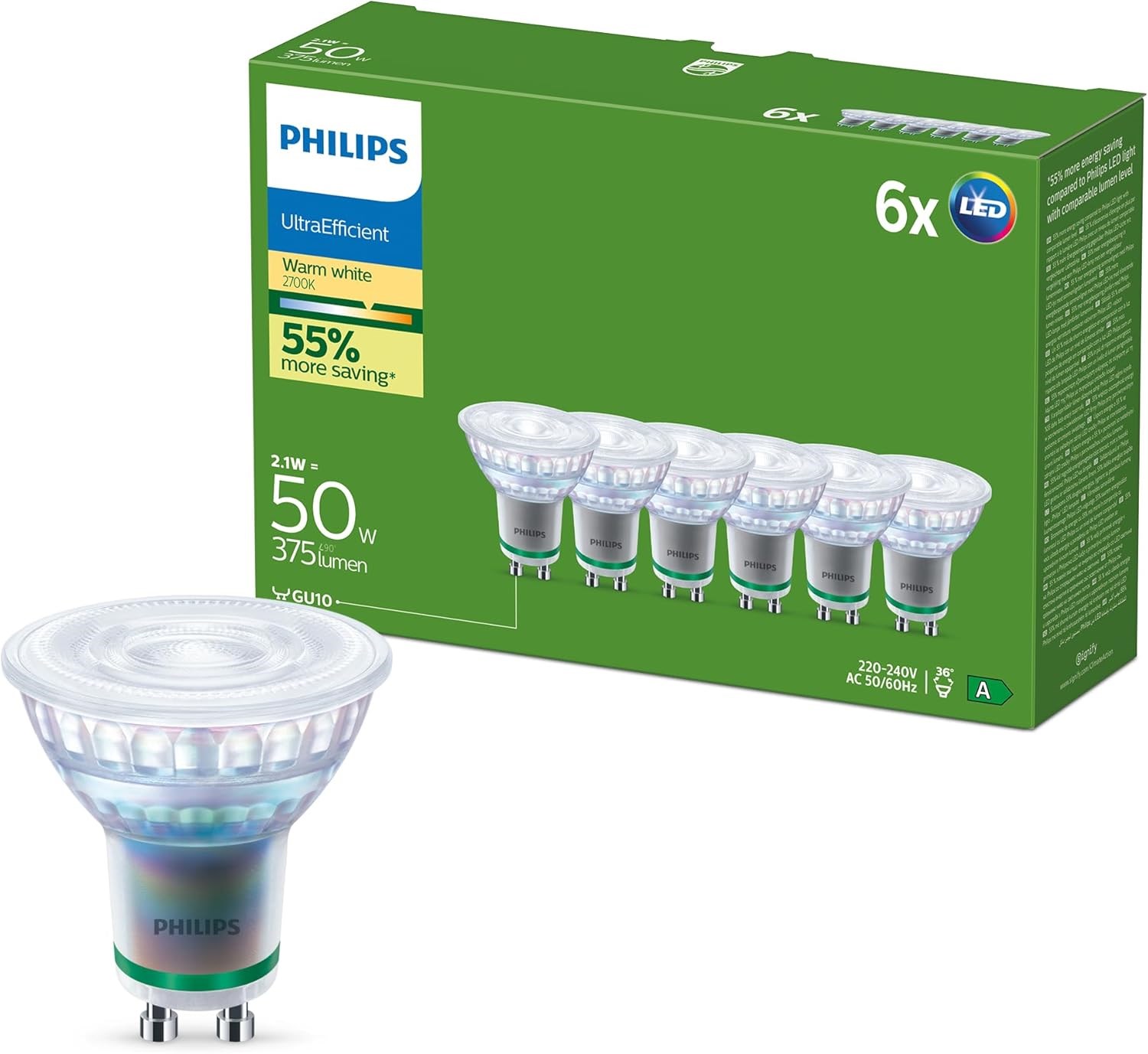 Philips Led-lampe Ultra Efficient 2.1w/827 (50w) 36° 6-pack Gu10 - Led Birnen 929003634694