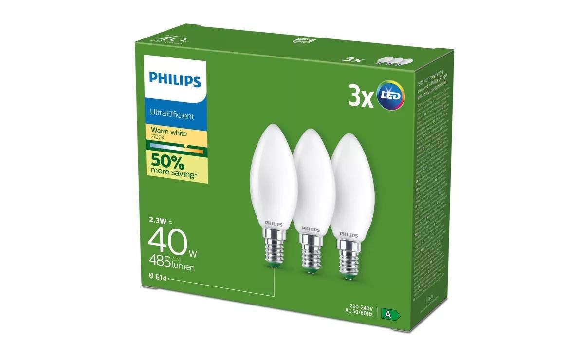 Philips Led-lampe Ultra Efficient B35 2,3w/827 (40w) Frosted 3-pack E14 - Led Birnen