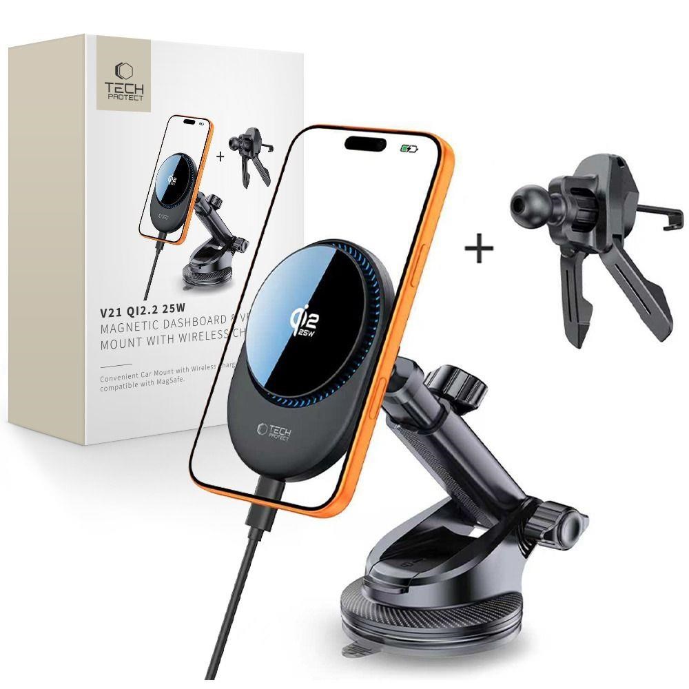 Tech-protect V21 Magsafe Car Mount With Inductive Charger 25w Qi2.2 For Cockpit / Windshield / Air Vent - Black - Handys Adapter Und Ladegeraete 