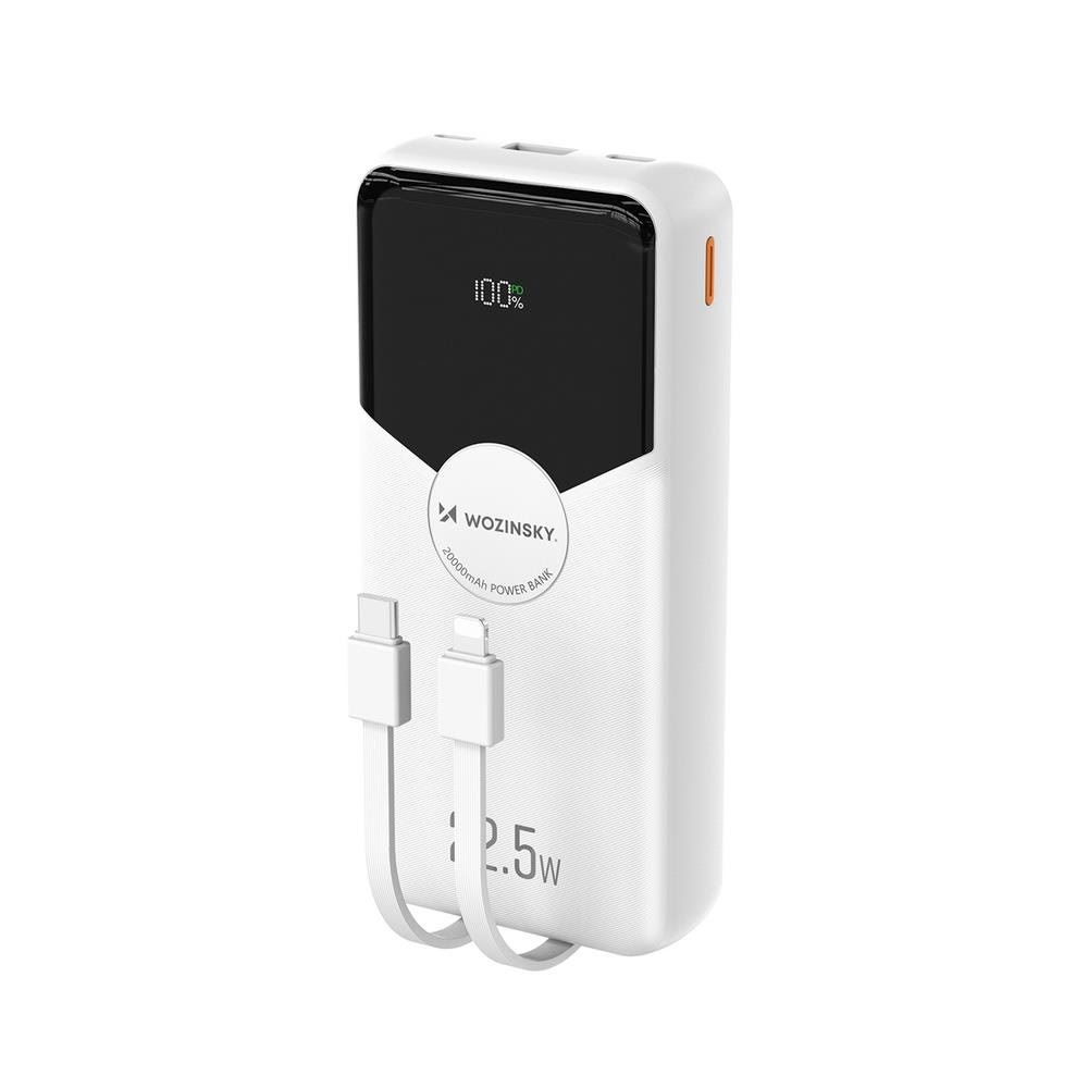 Wozinsky Wfc-15w 20000mah 22.5W Pd20w Powerbank With Built-in Lightning And Usb-c Cables - White - 20000 Mah - Powerbank Akku