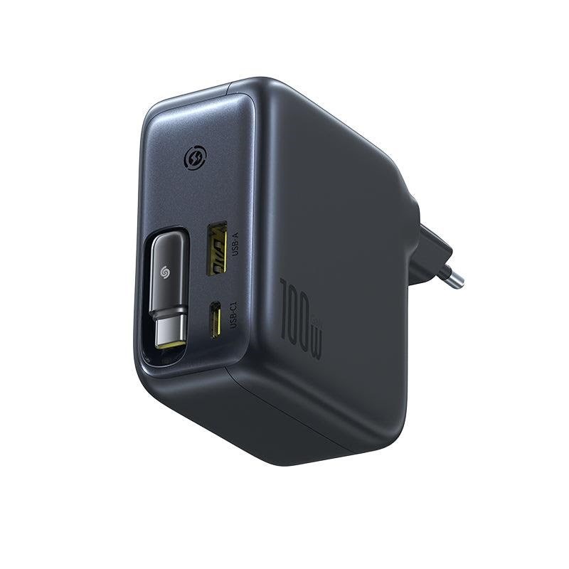 Baseus Enercore Cj11 100w Wall Charger With Usb-a And Usb-c Ports And Retractable Usb-c Cable - Black - Handys Adapter Und Ladegeraete E0120m00