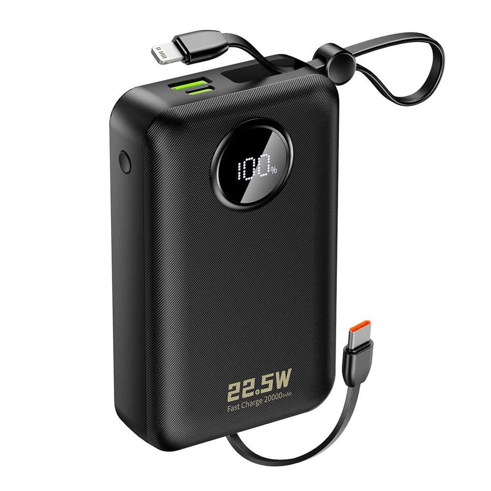 Dudao K14+ Powerbank 20000mah 22.5W Usb-c / Usb-a / Built-in Lightning And Usb-c Cables - Black - Powerbank Akku