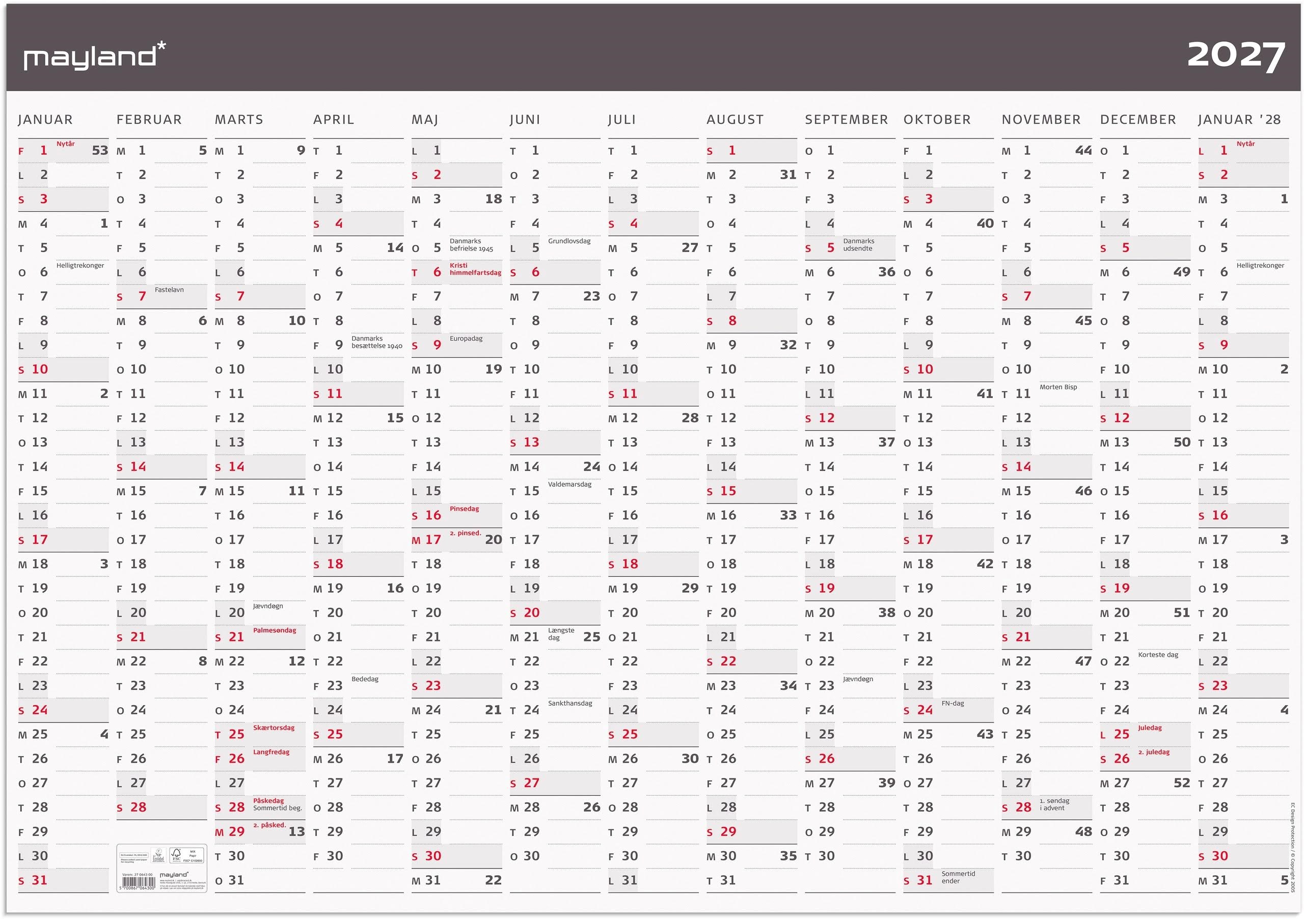 Mayland Kæmpekalender Moderne 1x13 Mdr. Papir Rør 2027