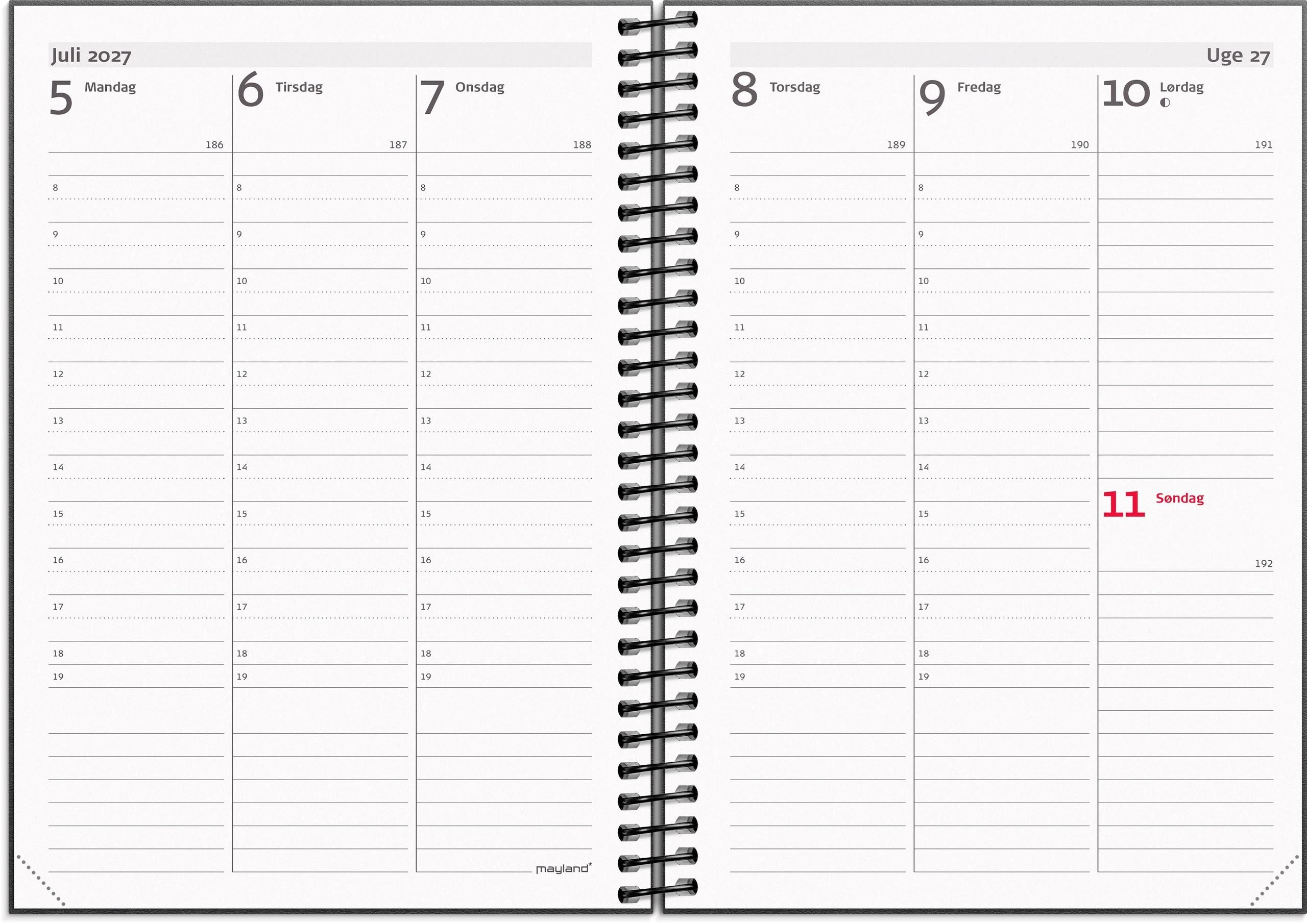 Mayland A6 Ugekalender Højformat Matsort Genbrugskarton 2027