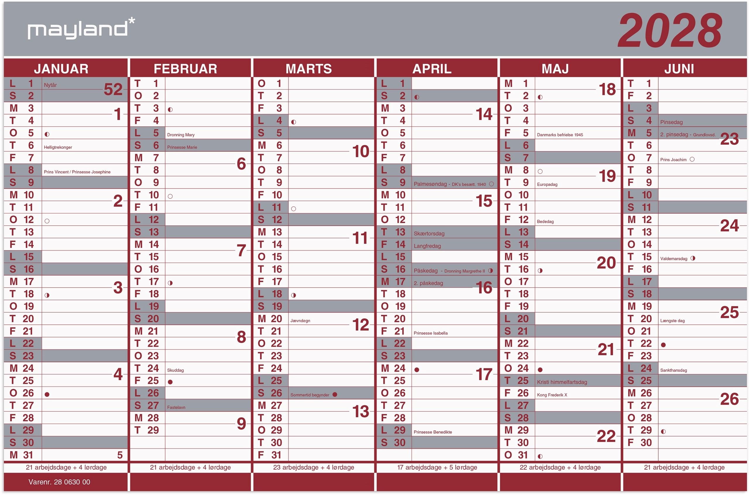 Mayland Kontorkalender Dobbelt Halvårskalender 2028 28063000