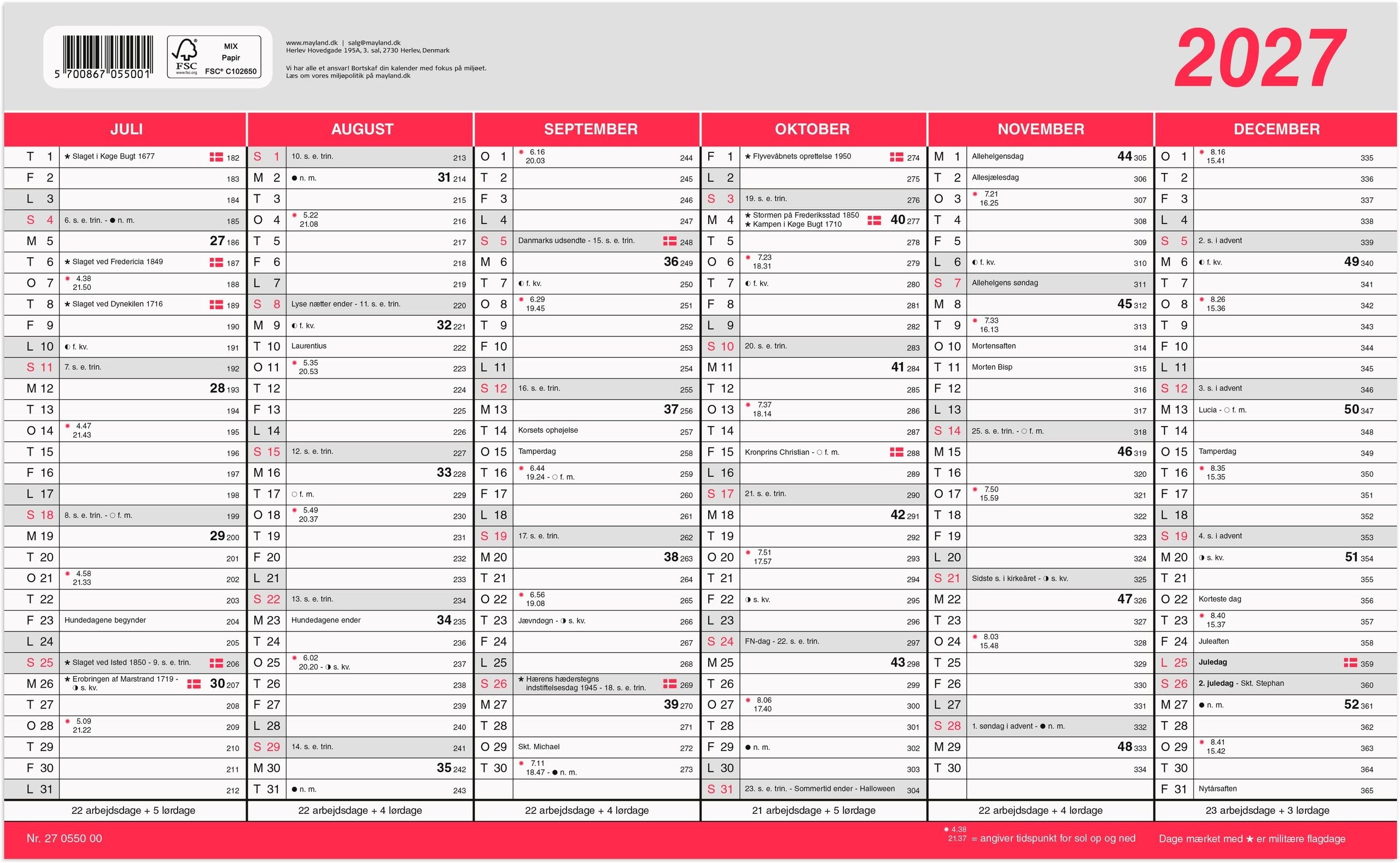 Mayland Kontorkalender Stor M/flagdage 2027