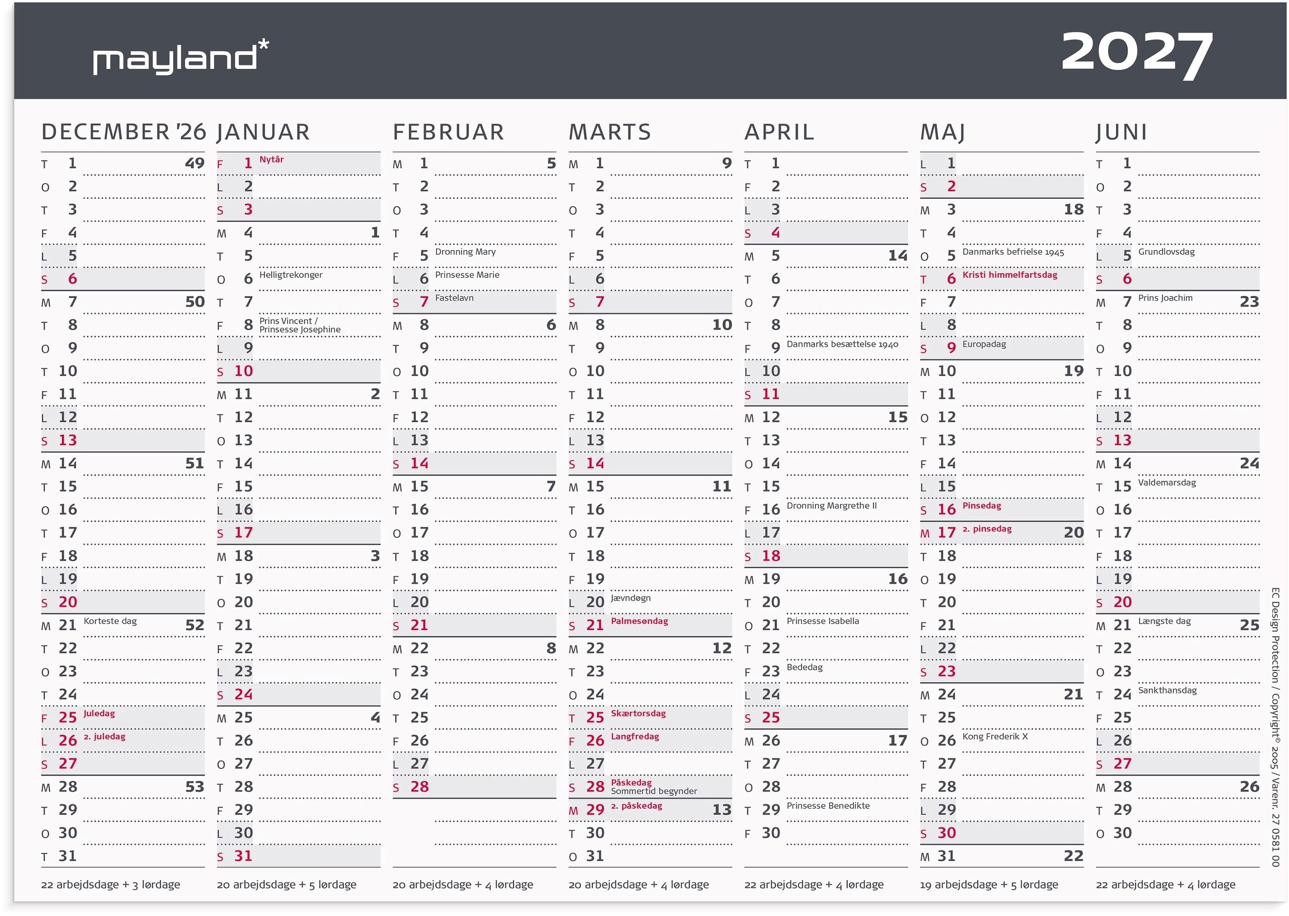 Mayland Kontor-bordkalender Moderne A5 2027 27058100