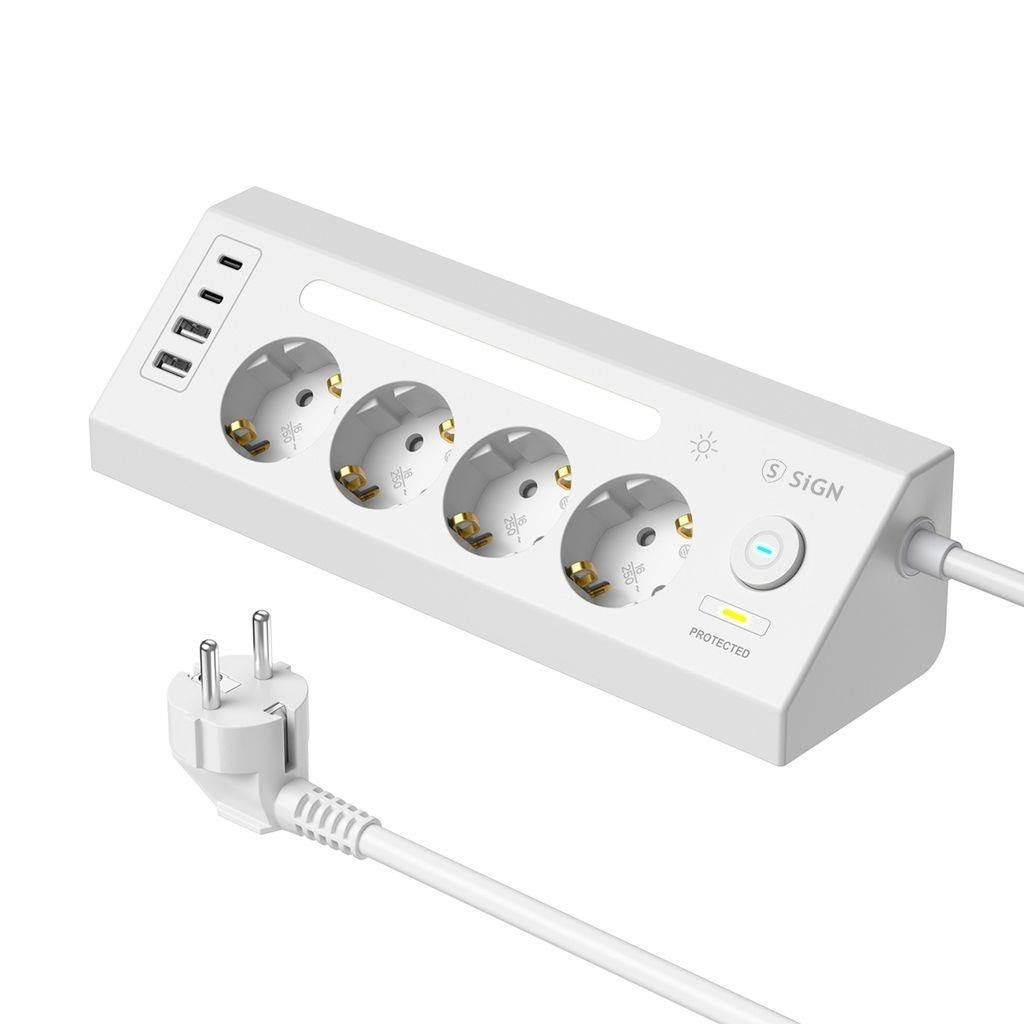 Sign Fast Charging Desktop Power Strip 4-way/2x Usb-a/2x Usb-c 1.8m - White - Handys Adapter Und Ladegeraete