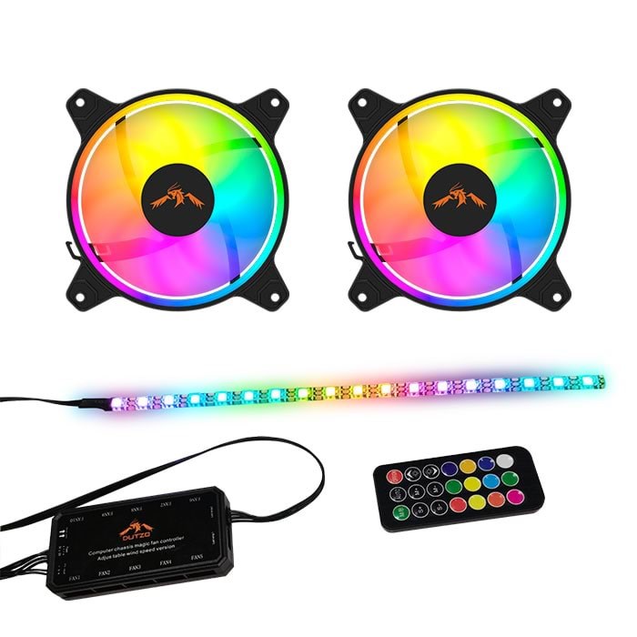 Dutzo Rgb Kit 2 - 2x Fan + 1x Led Strip + Remote & Controller - 120mm - Schwarz Mit Rgb Led - 24 Dba - Gehaeuseluefter Drgb-bundle2