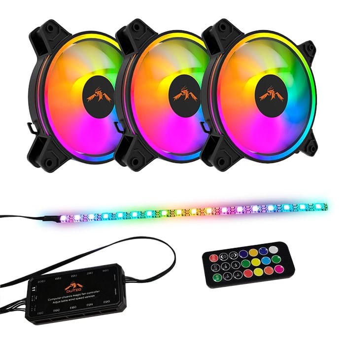 Dutzo Rgb Kit 3 - 3x Fan + 1x Led Strip + Remote & Controller - 120mm - Schwarz Mit Rgb Led - 24 Dba - Gehaeuseluefter