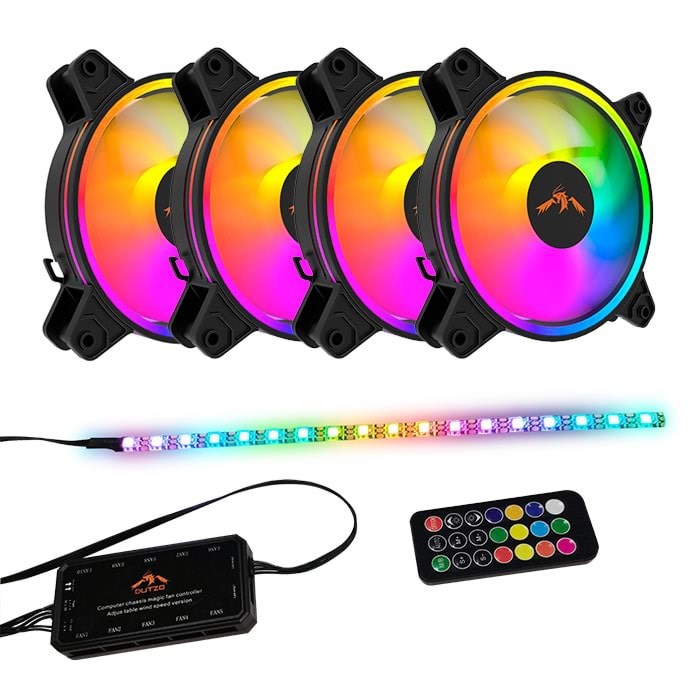 Dutzo Rgb Kit 4 - 4x Fan + 1x Led Strip + Remote & Controller - 120mm - Schwarz Mit Rgb Led - 24 Dba - Gehaeuseluefter Drgb-bundle4