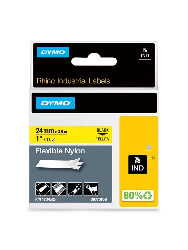 DYMO Rhino Industrie Nylonetiketten  flexibel  24 mm x 35 m  schwarz  auf gelbe