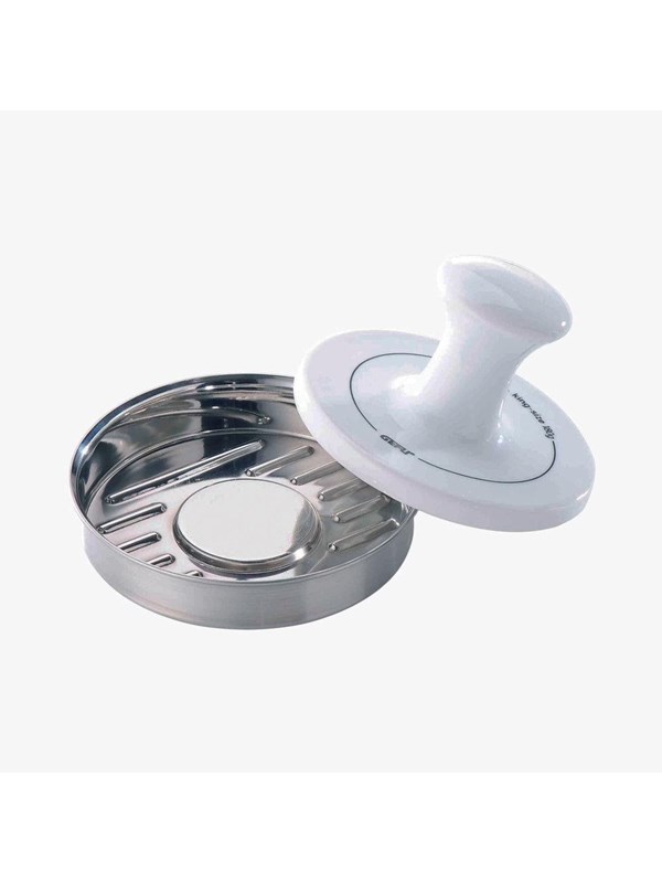 Burgerpresse GEFU SPARK bunt (silberfarben weiß) T8cm Ø12cm Edelstahl Porzellan Küchenpressen Rillenoptik durch Stege im Stempel