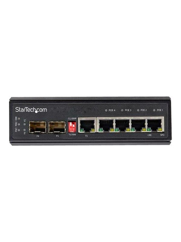 StarTechcom Industrial 5 Port Gigabit Ethernet Switch - 4 PoE RJ45 2 SFP Slots 30W PoE 12-48VDC 101001000 Rugged Power Over Ethernet LAN Switch -40C to 75C - DIN Mountable - switch - 6 ports