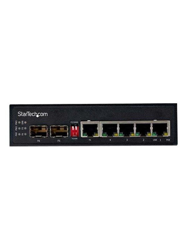 StarTechcom Industrial 5 Port Gigabit Ethernet Switch 5 PoE RJ45 2 SFP Slots 30W PoE 48VDC 101001000 Power Over Ethernet LAN Switch -40C to 75C with DIN ConnectorMountable - switch - 6 ports