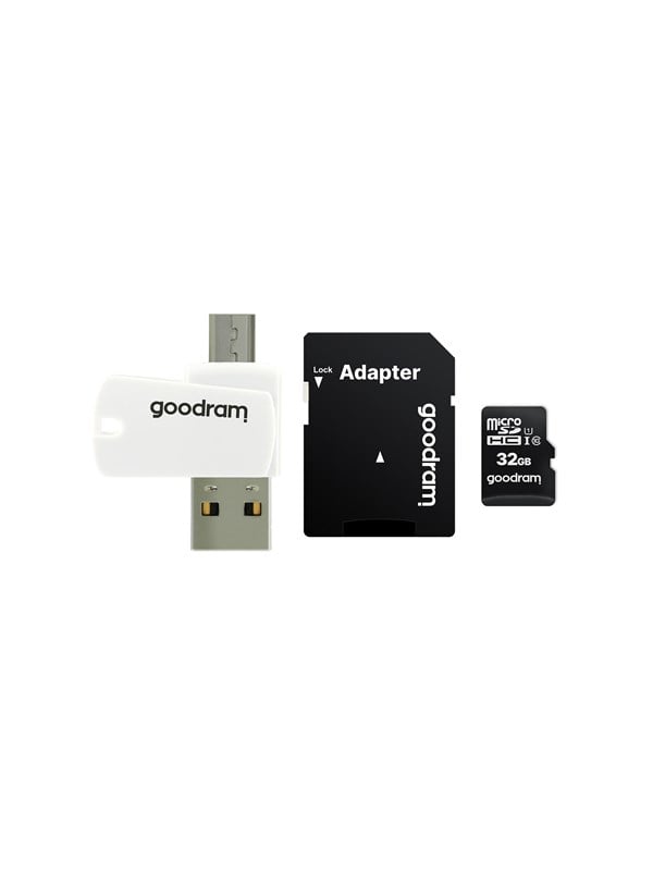 microSDHC Speicherkarte GoodRam, 32GB, Klasse 10 / UHS-1 U1, mit Kartenleser und Adapter M1A4-0320R12