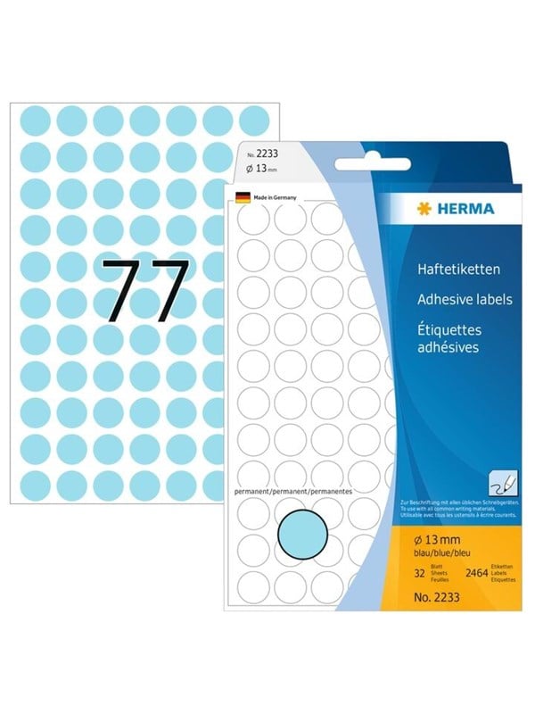 HERMA VielzwecketikettenFarbpunkte  13 mm rund blau permanent haftend zur Handbeschriftung