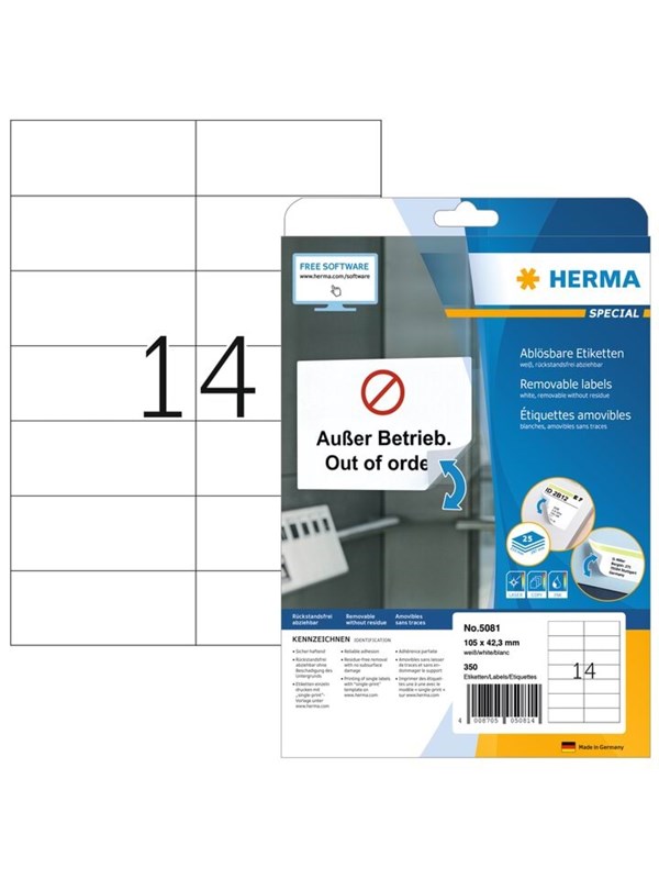 Image of HERMA Ablösbare Etiketten A4, 105 x 42,3 mm, weiß