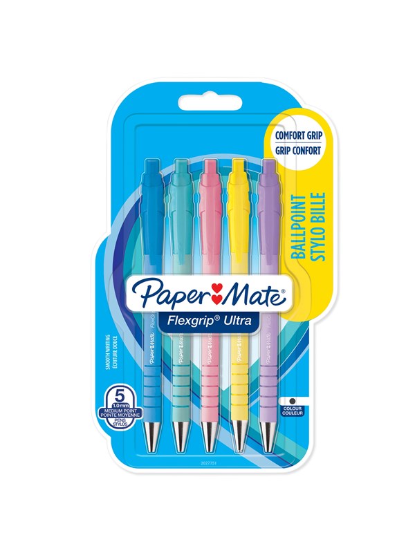Paper Mate Flexgrip Ultra-Druckkugelschreiber | mittlere Spitze (1,0 mm) | schwarze Tinte | Pastellfarben | 5 Stück