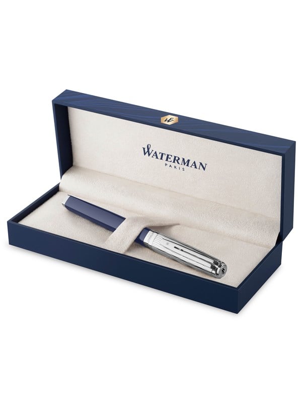 Waterman Exception Füller | Metall & Blau Lack mit Palladium-Zierteilen | gravierte Kappe und 18 kt Gold | Füllfederhalter mit mittlerer Feder | Geschenkbox