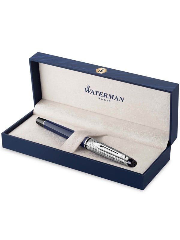Waterman Expert Füller | Metall und blaue Lackierung | ziselierte Kappe | feine Feder aus Edelstahl | blaue Tinte | Geschenkbox |
