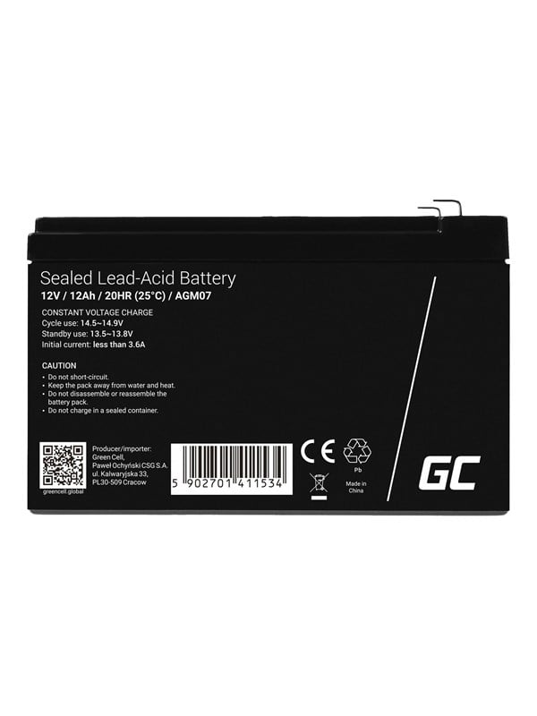 Green Cell AGM07 - 12V 12Ah VRLA Battery AGM Maintenance-Free
