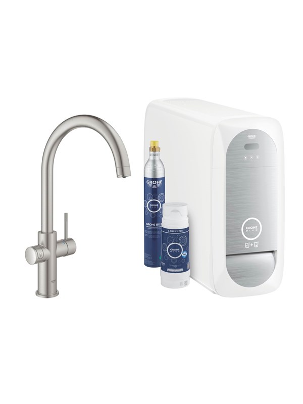 Blue Home C-Auslauf Starter Kit 31455 Einhand-Spültischbatterie mit Filterfunktion mit Kühler und WIFI Farbe Supersteel - 31455DC1
