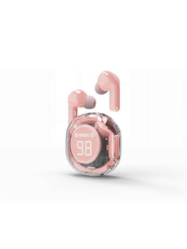 TWS In-Ear Kopfhörer Transparent Rosa bis 6 Std. Wiedergabe, LCD Akkuanzeige, Bluetooth 5.4