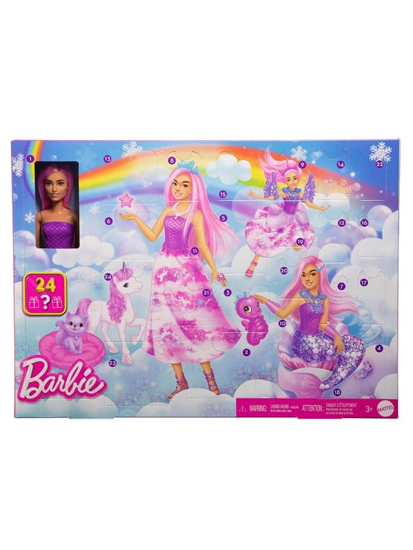 Barbie Adventskalender mit Puppe und Fantasiezubehör | 24 Teile Überraschungszubehör inkl. Einhorn und Haustiere, Modepuppe wird zu Meerjungfrau, Fee und mehr, JFL66